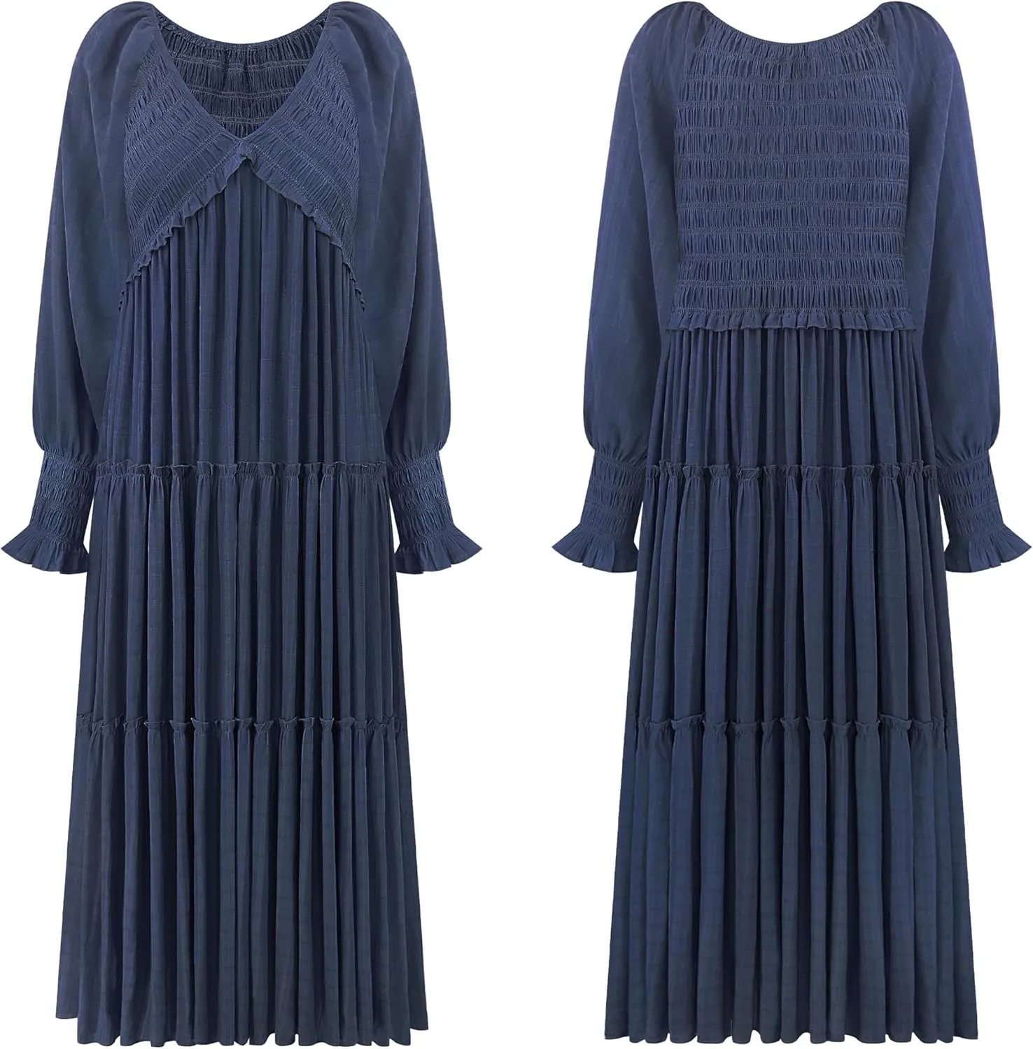 R.Vivimos Maxi Dress for Women Long Sleeve V Neck Empire Waist Layered Ruffle Boho Casual Flowy Long Dresses