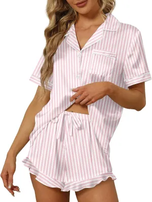 SAPJON Satin Silk Pajamas for Women 2Pcs Ruffle Notch Collar Sleepwear Button Down Short Sleeve Shorts Pjs Set Loungewear
