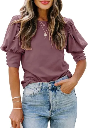 SimpleFun Women's Puff Sleeve Tops Summer Crewneck Loose Casual Blouse Shirts