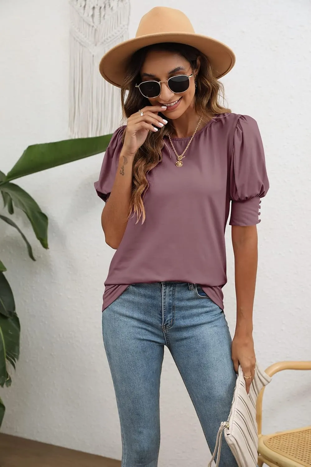 SimpleFun Women's Puff Sleeve Tops Summer Crewneck Loose Casual Blouse Shirts
