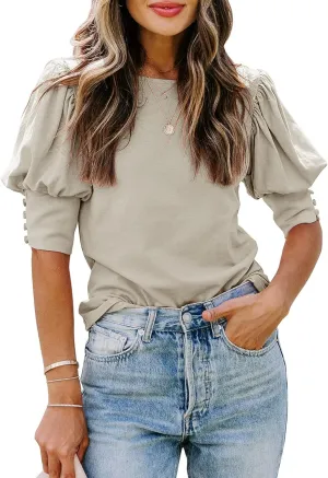 SimpleFun Women's Puff Sleeve Tops Summer Crewneck Loose Casual Blouse Shirts