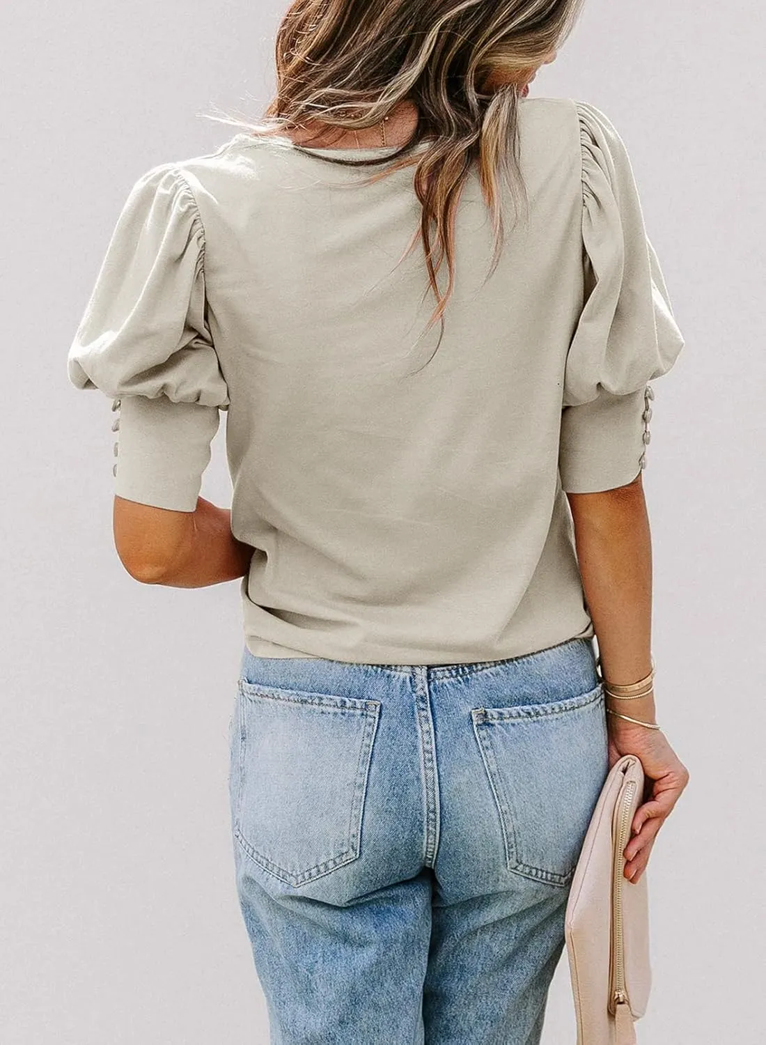 SimpleFun Women's Puff Sleeve Tops Summer Crewneck Loose Casual Blouse Shirts