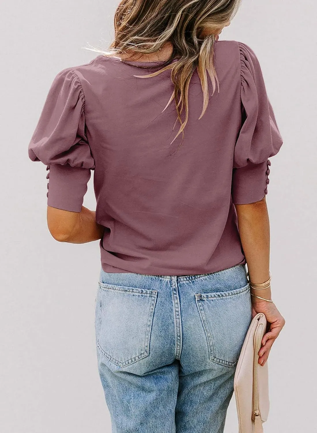 SimpleFun Women's Puff Sleeve Tops Summer Crewneck Loose Casual Blouse Shirts
