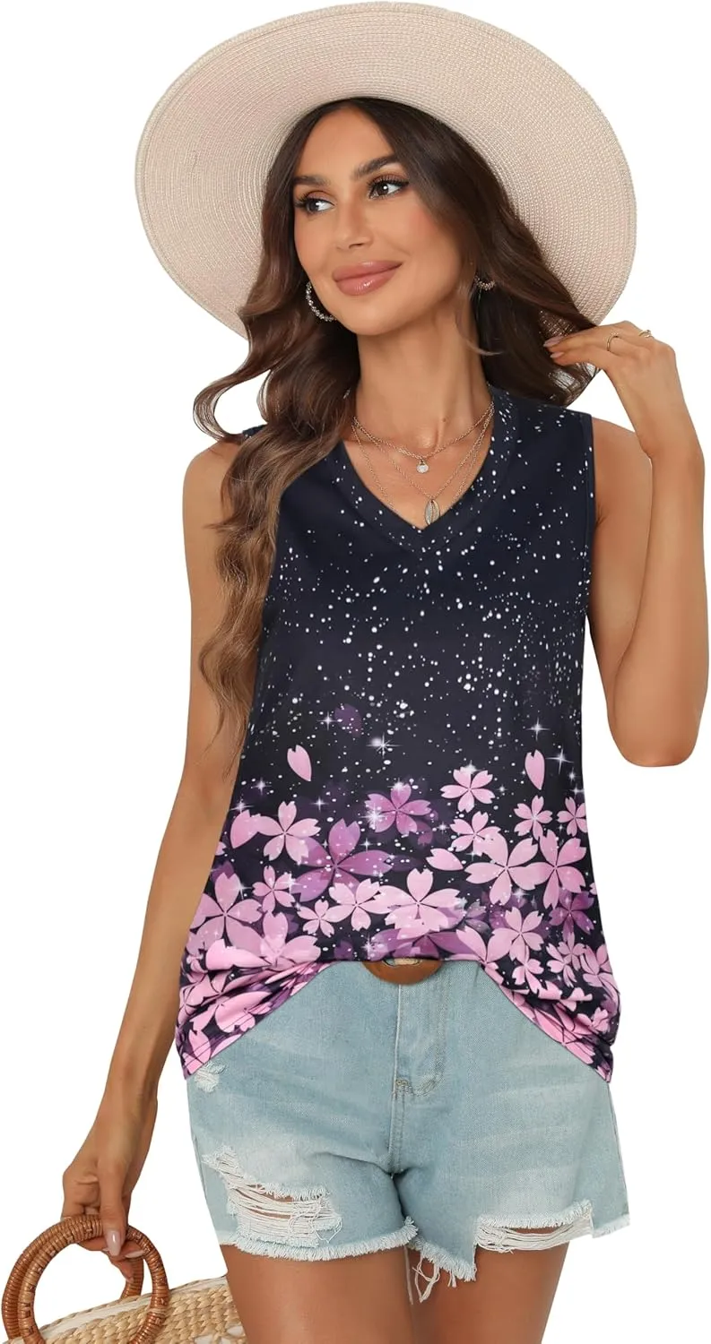 Summer Tops for Women Sleeveless V Neck Tshirt Loose Fit Casual Tank Tunic Blouse