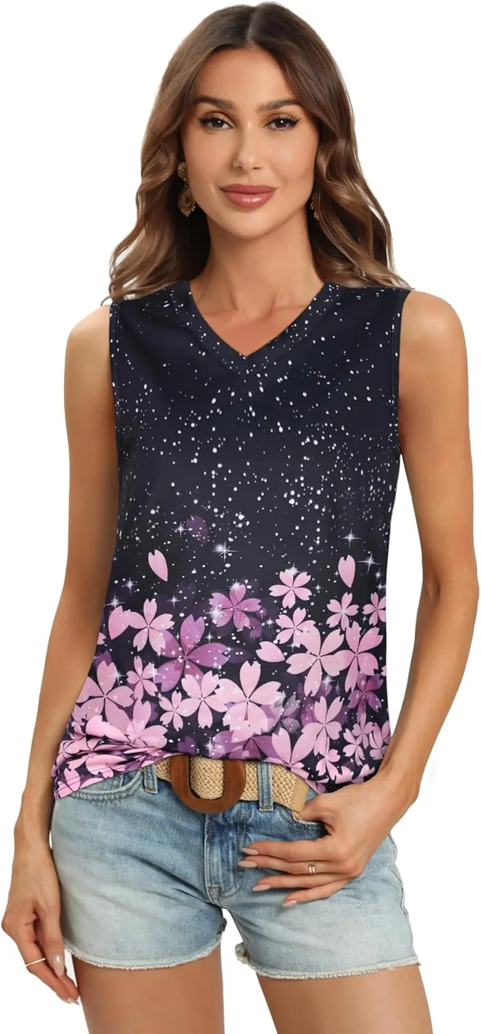 Summer Tops for Women Sleeveless V Neck Tshirt Loose Fit Casual Tank Tunic Blouse