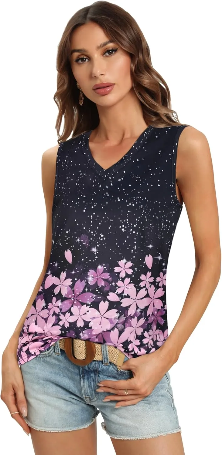 Summer Tops for Women Sleeveless V Neck Tshirt Loose Fit Casual Tank Tunic Blouse