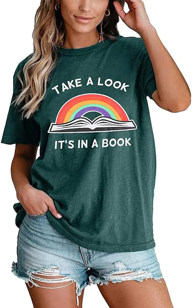 Take A Look Its in A Book T-Shirt Women Cute Book Lover Gift Teacher Shirt Reading Top Funny Letter Print Rainbow Graphic Tee