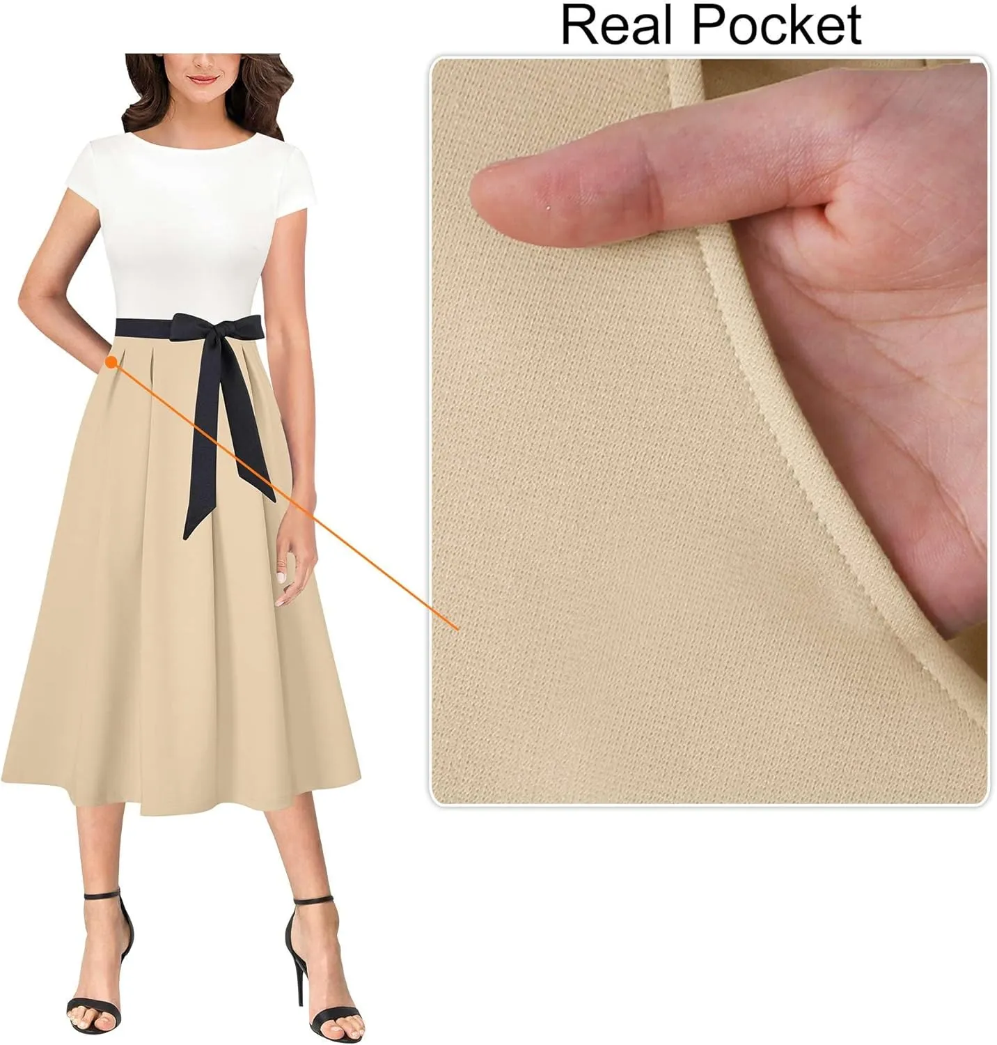VFSHOW Womens Elegant Patchwork Pockets Belted Pleated Work Office Business Casual Party A-Line Midi Dress
