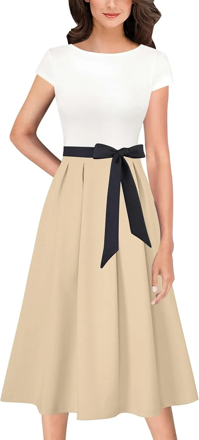 VFSHOW Womens Elegant Patchwork Pockets Belted Pleated Work Office Business Casual Party A-Line Midi Dress