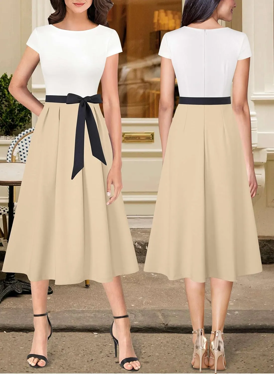 VFSHOW Womens Elegant Patchwork Pockets Belted Pleated Work Office Business Casual Party A-Line Midi Dress