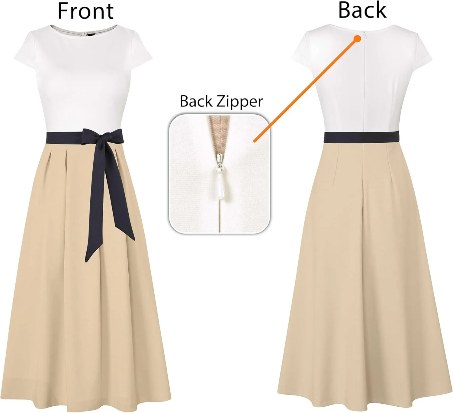 VFSHOW Womens Elegant Patchwork Pockets Belted Pleated Work Office Business Casual Party A-Line Midi Dress