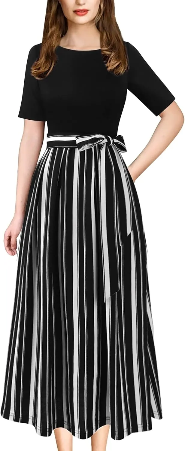 VFSHOW Womens Elegant Patchwork Pockets Pleated Work Office Business Casual Party Belted A-Line Midi Dress