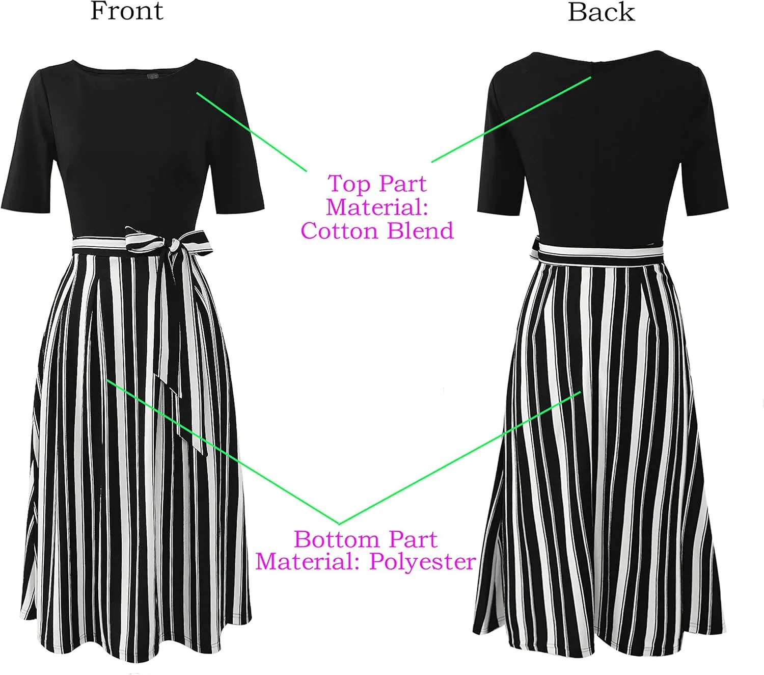 VFSHOW Womens Elegant Patchwork Pockets Pleated Work Office Business Casual Party Belted A-Line Midi Dress