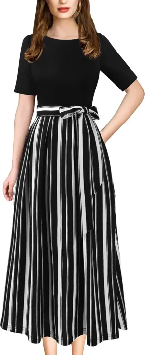 VFSHOW Womens Elegant Patchwork Pockets Pleated Work Office Business Casual Party Belted A-Line Midi Dress