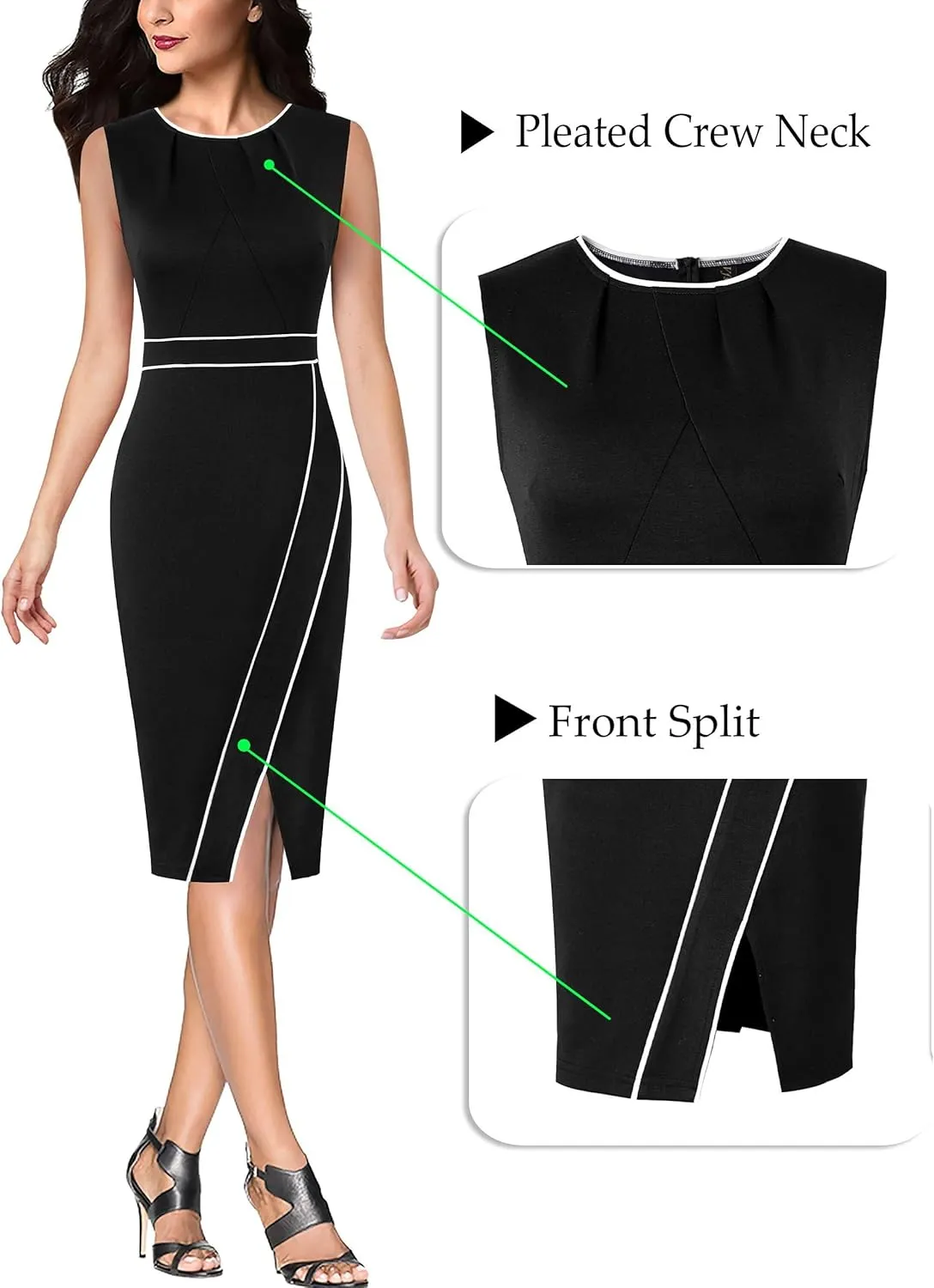 VFSHOW Womens Pleated Crew Neck Front Split Work Business Office Party Bodycon Pencil Sheath Dress