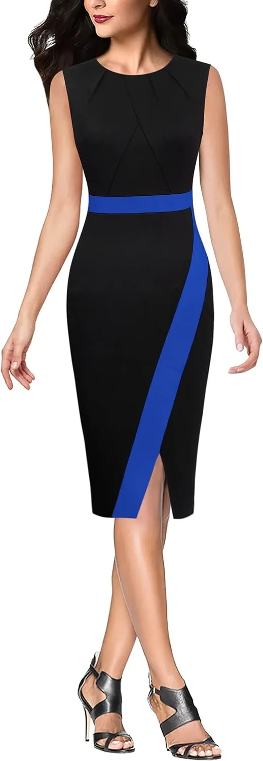 VFSHOW Womens Pleated Crew Neck Front Split Work Business Office Party Bodycon Pencil Sheath Dress