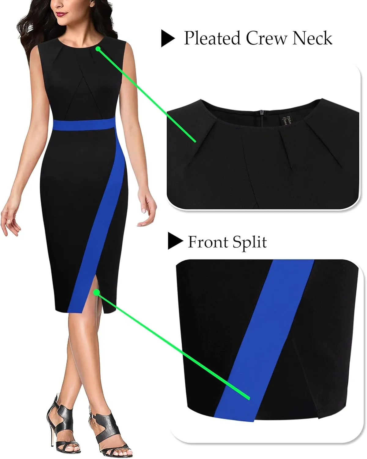 VFSHOW Womens Pleated Crew Neck Front Split Work Business Office Party Bodycon Pencil Sheath Dress