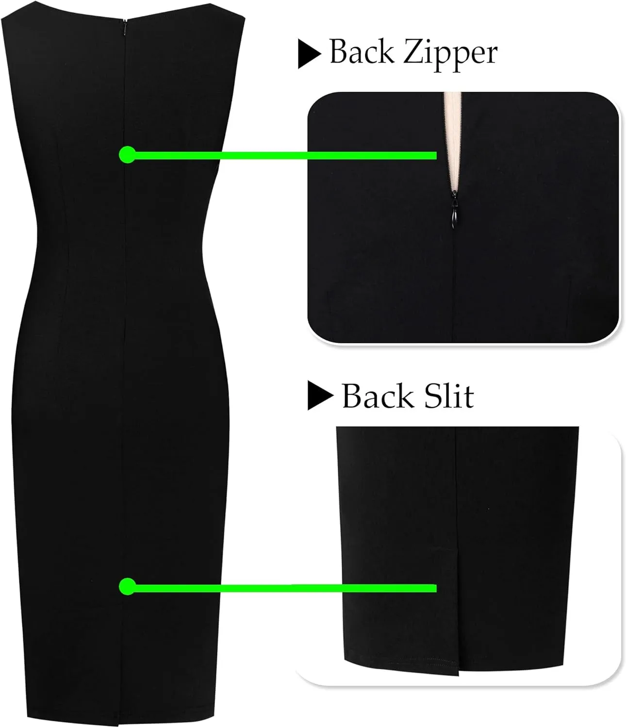 VFSHOW Womens Pleated Crew Neck Front Split Work Business Office Party Bodycon Pencil Sheath Dress