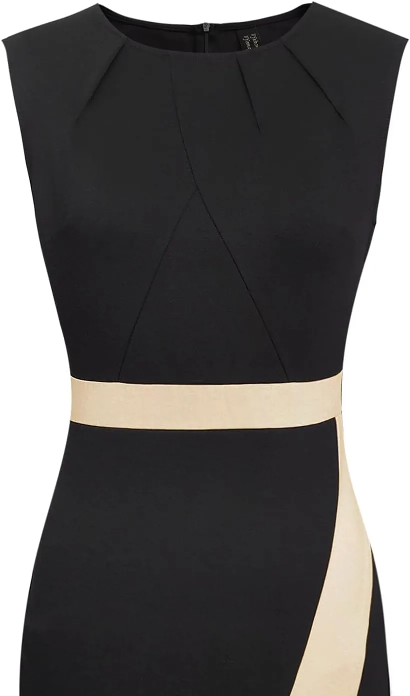 VFSHOW Womens Pleated Crew Neck Front Split Work Business Office Party Bodycon Pencil Sheath Dress