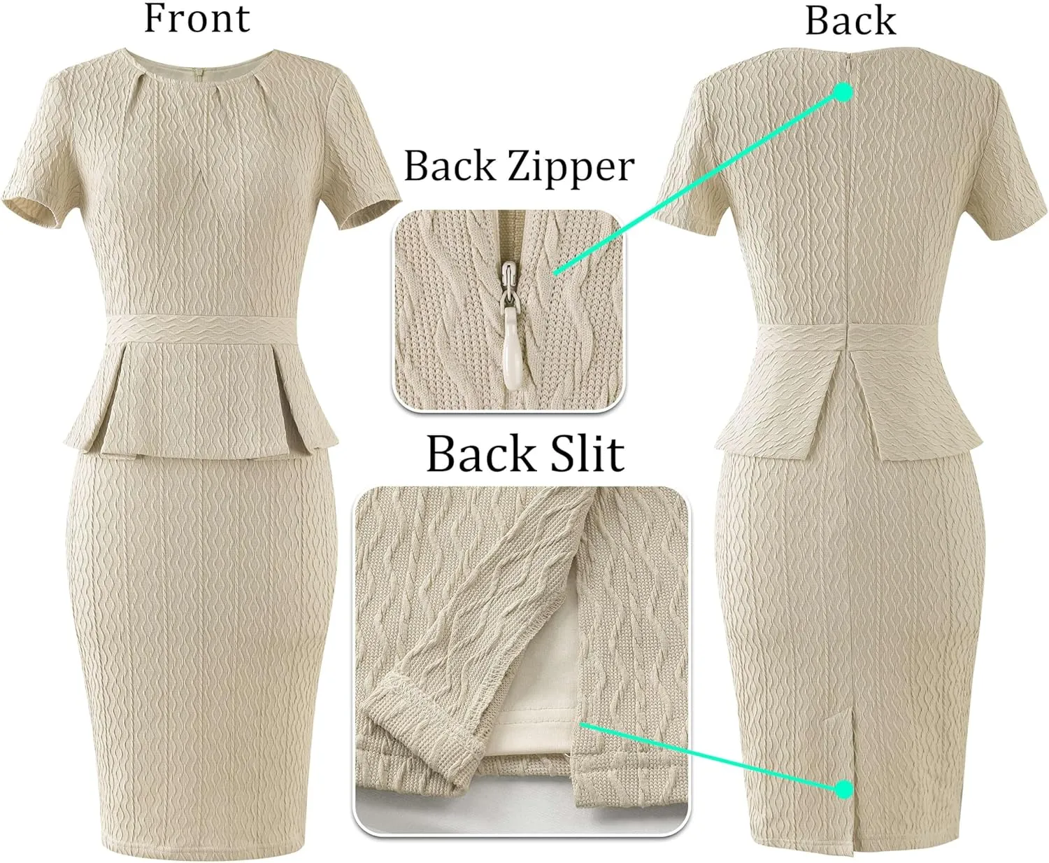 VFSHOW Womens Pleated Crew Neck Peplum Work Business Office Church Bodycon Pencil Sheath Dress