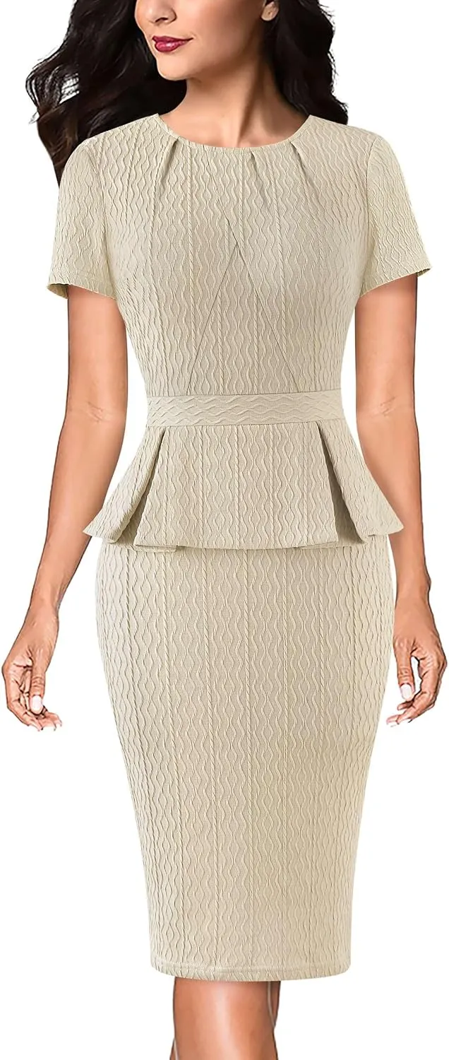 VFSHOW Womens Pleated Crew Neck Peplum Work Business Office Church Bodycon Pencil Sheath Dress