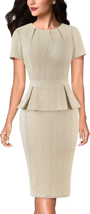 VFSHOW Womens Pleated Crew Neck Peplum Work Business Office Church Bodycon Pencil Sheath Dress