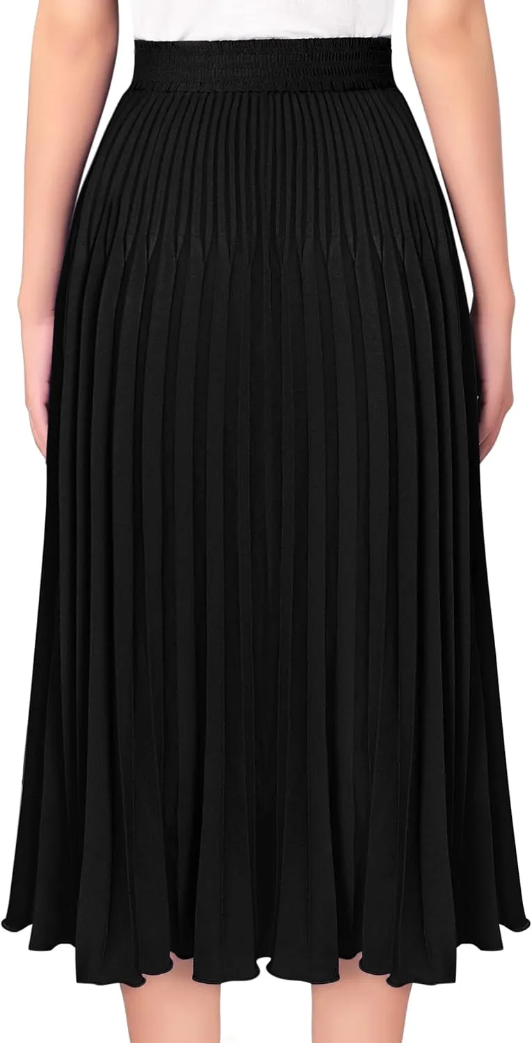 VFSHOW Womens Pleated Elastic High Waist Casual Work Business Office A-Line Swing Midi Skirt