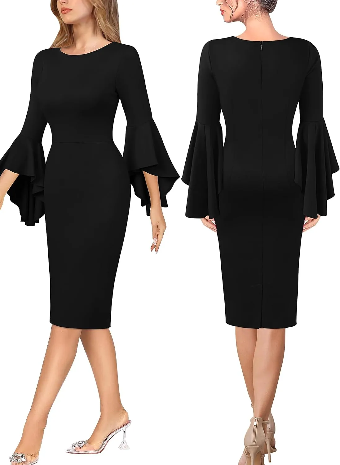 VFSHOW Womens Ruffle Bell Sleeves Business Cocktail Party Bodycon Pencil Sheath Dress