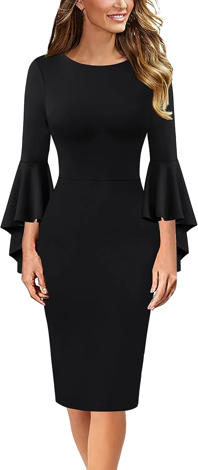 VFSHOW Womens Ruffle Bell Sleeves Business Cocktail Party Bodycon Pencil Sheath Dress