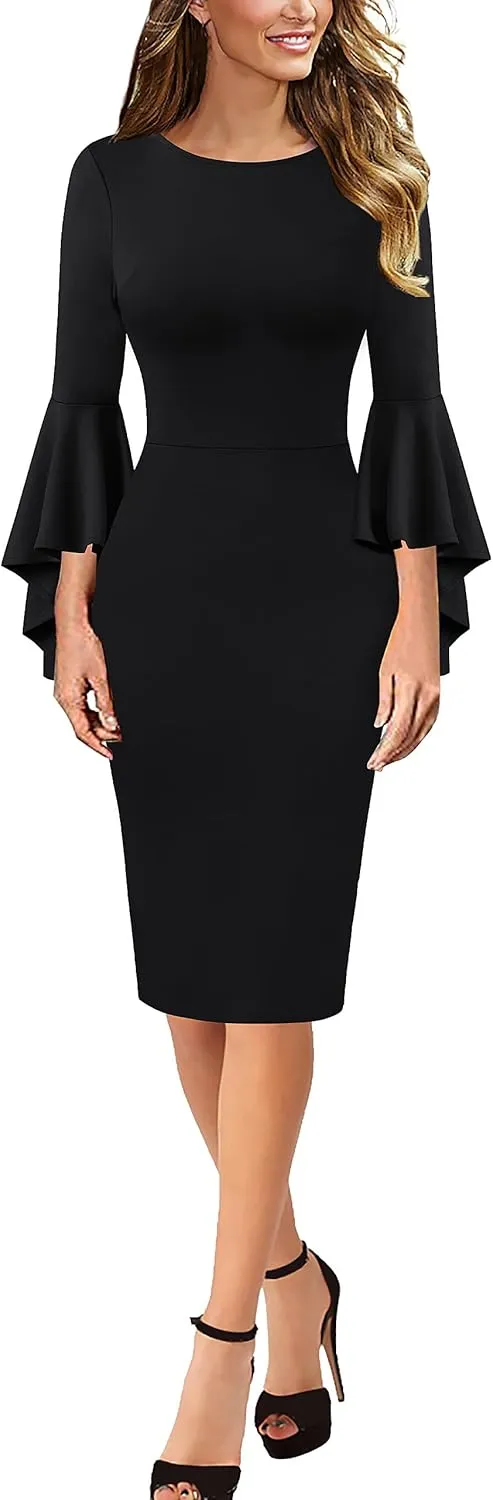 VFSHOW Womens Ruffle Bell Sleeves Business Cocktail Party Bodycon Pencil Sheath Dress