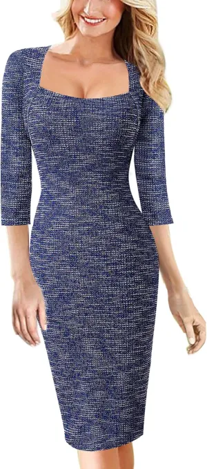 VFSHOW Womens Work Business Square Neck Bodycon Dress Office Retro Elegant Slim Fitted Pencil Sheath Dress