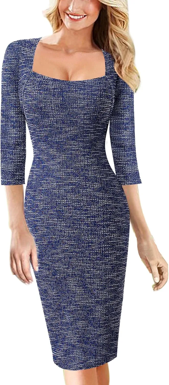 VFSHOW Womens Work Business Square Neck Bodycon Dress Office Retro Elegant Slim Fitted Pencil Sheath Dress
