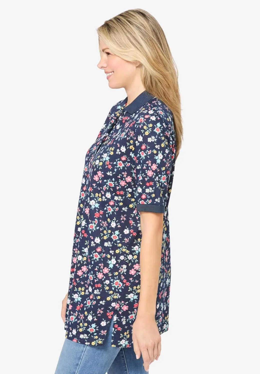 Woman Within Plus Size Elbow-Sleeve Polo Tunic