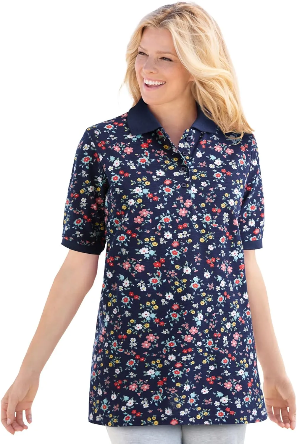 Woman Within Plus Size Elbow-Sleeve Polo Tunic