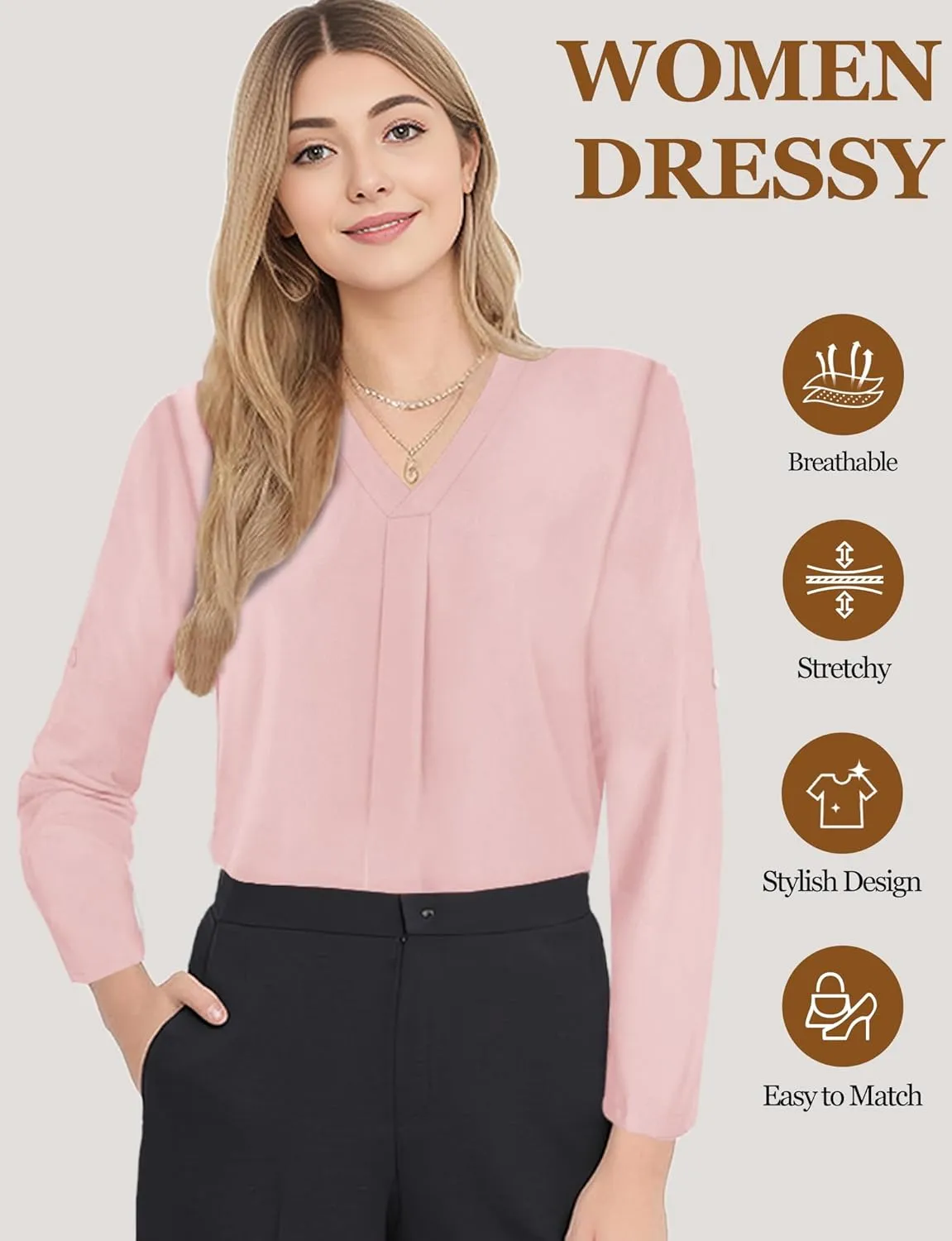 Womens 3/4 Cuffed Sleeve Blouses for Women Dressy Casual, V Neck Casual Blouse Shirt Tops 2024, Tunic Tops
