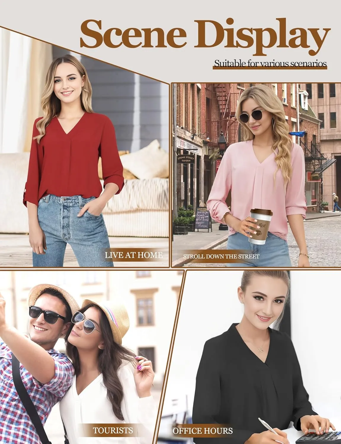 Womens 3/4 Cuffed Sleeve Blouses for Women Dressy Casual, V Neck Casual Blouse Shirt Tops 2024, Tunic Tops