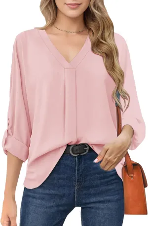 Womens 3/4 Cuffed Sleeve Blouses for Women Dressy Casual, V Neck Casual Blouse Shirt Tops 2024, Tunic Tops
