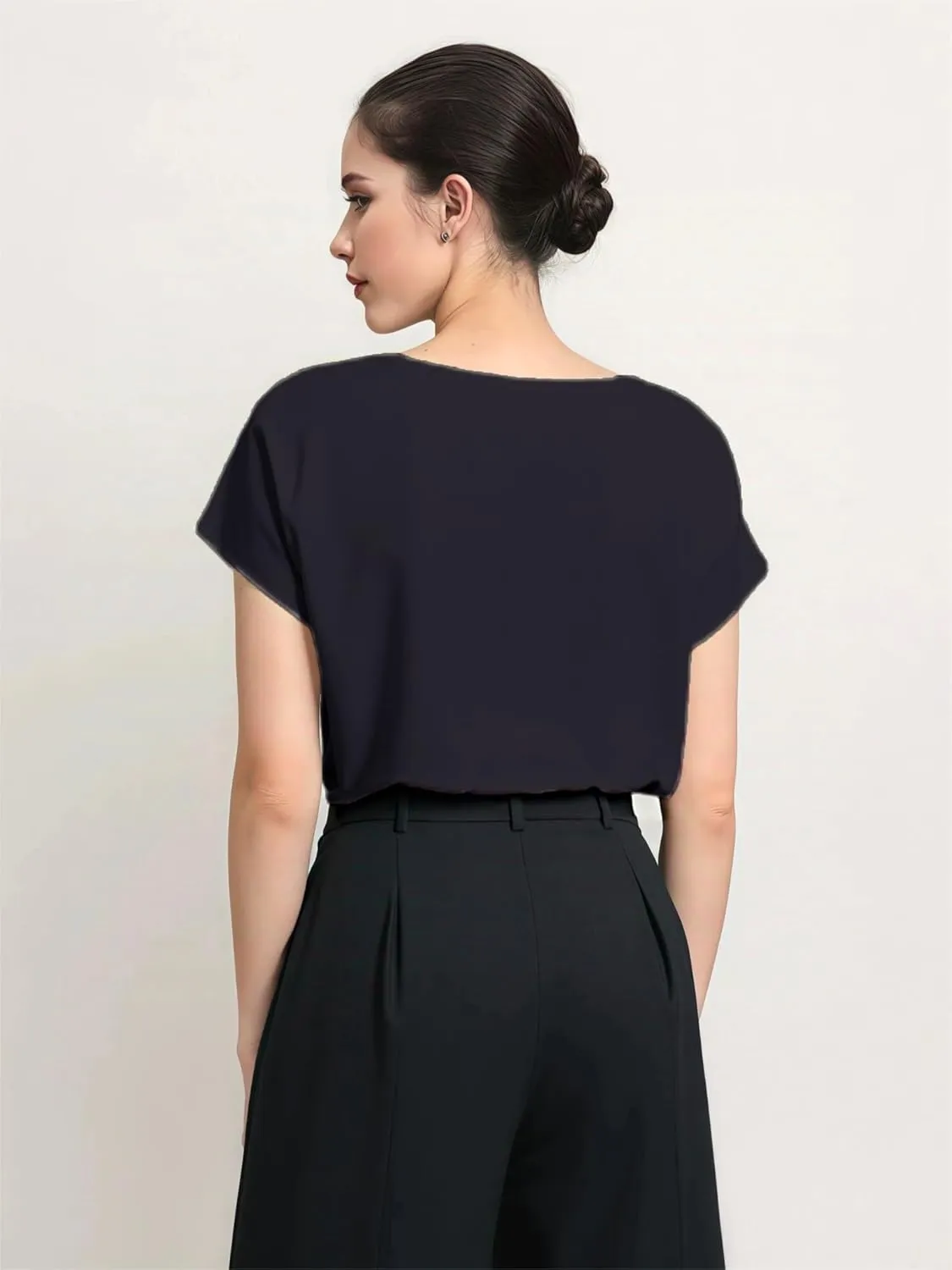 Women's Silk Satin Cowl Neck Short Sleeve Top, Elegant Dressy Casual Summer Blouse Shirt Solid T-Shirt