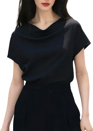 Women's Silk Satin Cowl Neck Short Sleeve Top, Elegant Dressy Casual Summer Blouse Shirt Solid T-Shirt