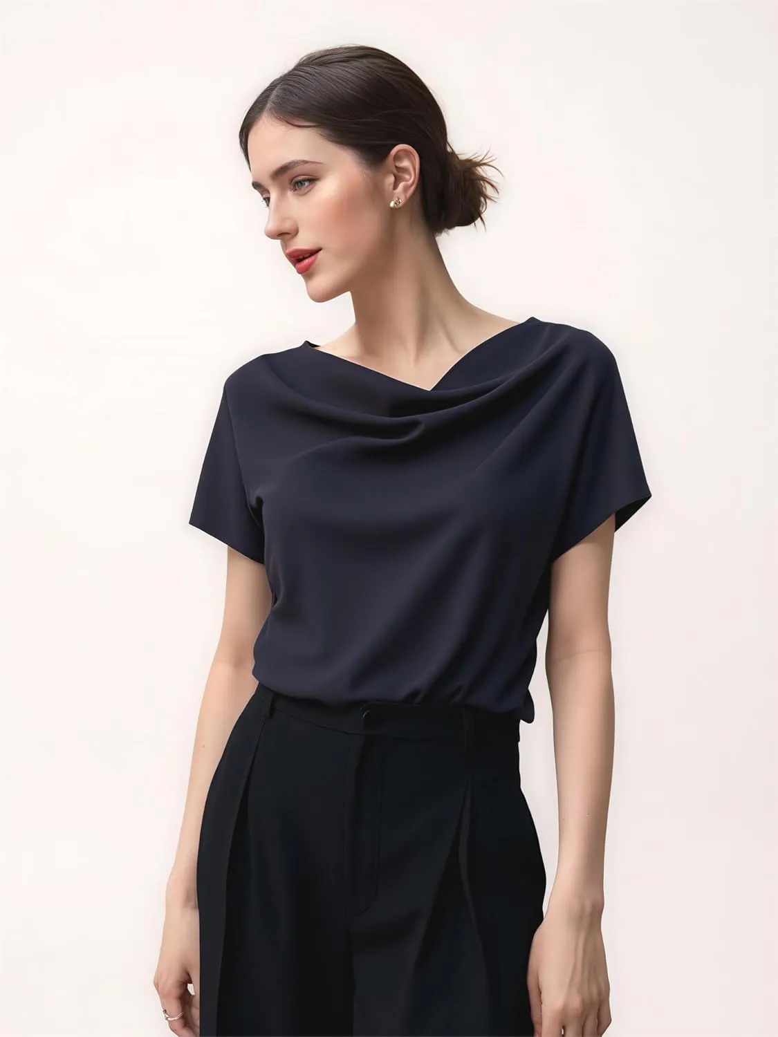 Women's Silk Satin Cowl Neck Short Sleeve Top, Elegant Dressy Casual Summer Blouse Shirt Solid T-Shirt
