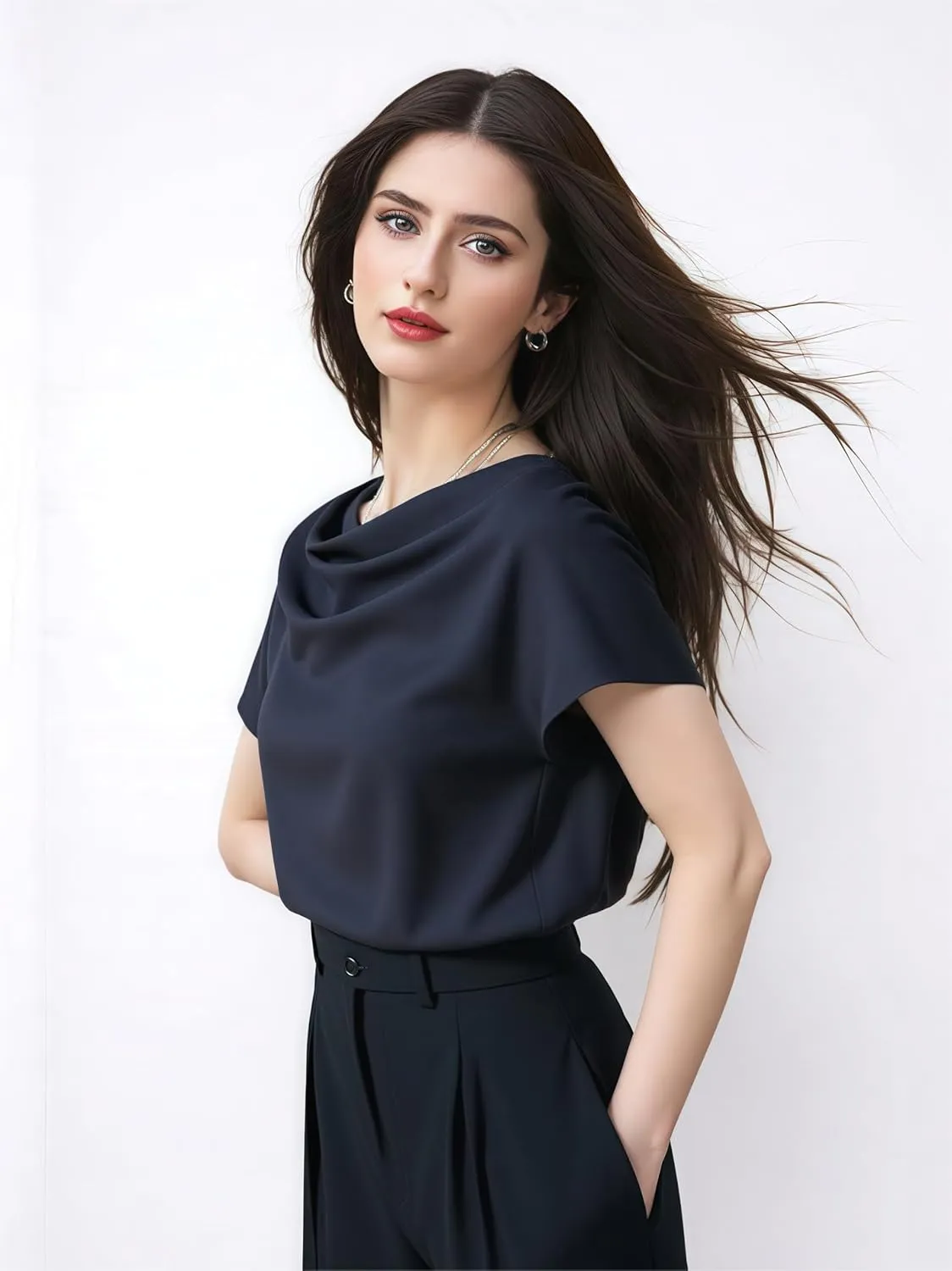 Women's Silk Satin Cowl Neck Short Sleeve Top, Elegant Dressy Casual Summer Blouse Shirt Solid T-Shirt