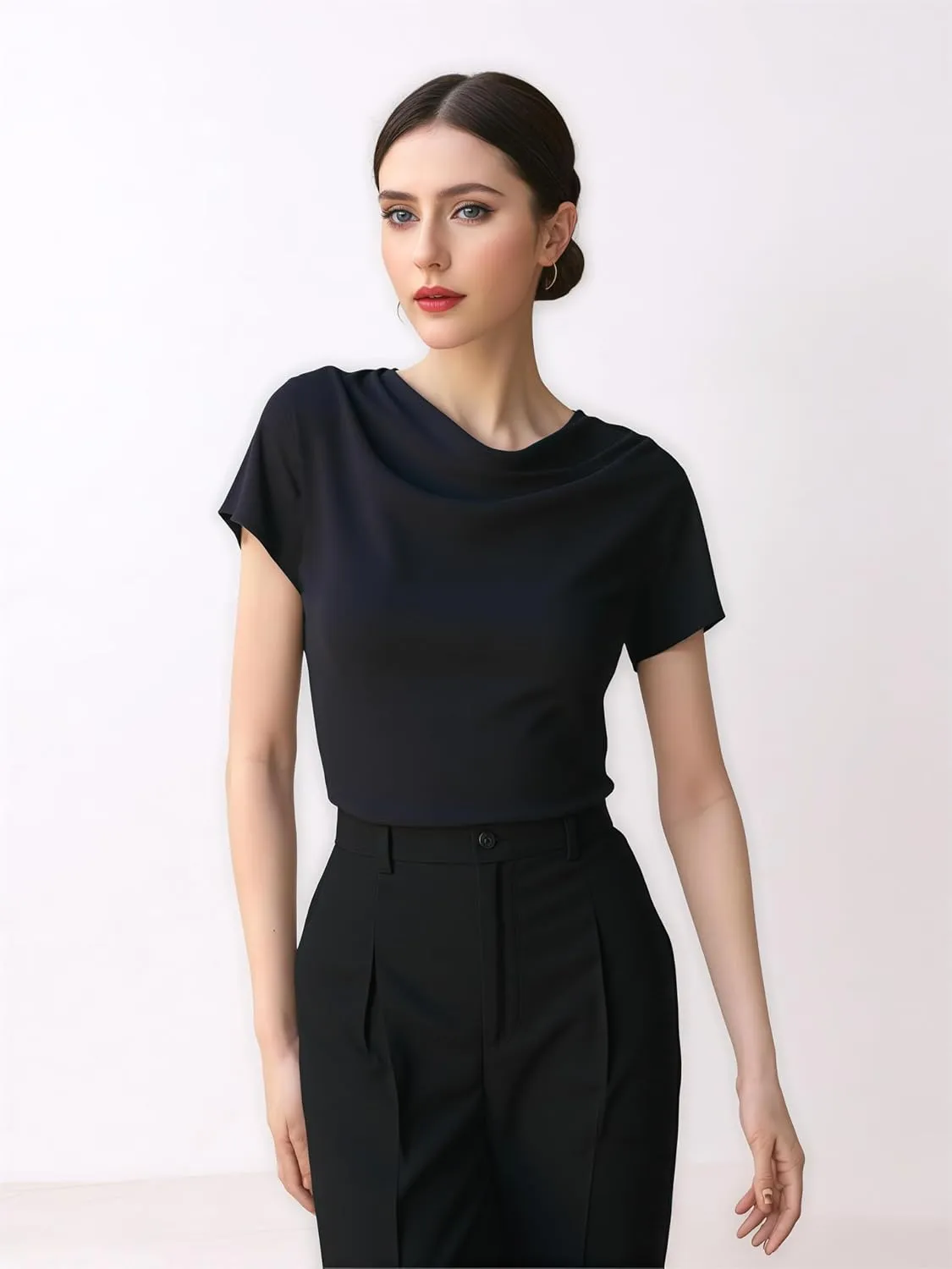 Women's Silk Satin Cowl Neck Short Sleeve Top, Elegant Dressy Casual Summer Blouse Shirt Solid T-Shirt