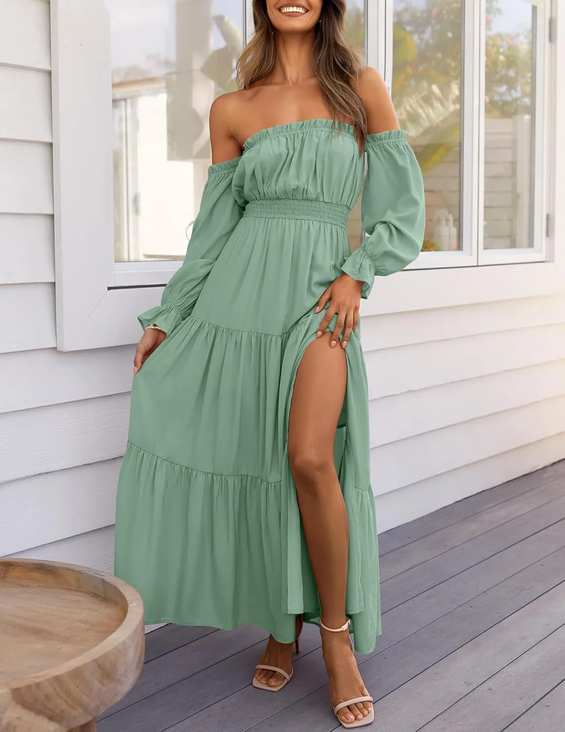 ZESICA Women's 2025 Boho Sexy Off Shoulder Long Sleeve Smocked High Waist Side Split Flowy A Line Tiered Long Maxi Dress
