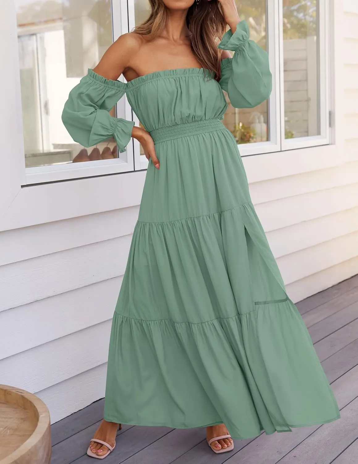 ZESICA Women's 2025 Boho Sexy Off Shoulder Long Sleeve Smocked High Waist Side Split Flowy A Line Tiered Long Maxi Dress