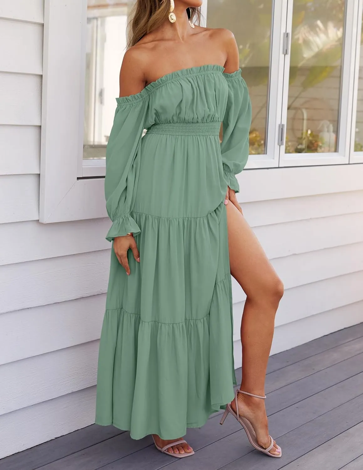 ZESICA Women's 2025 Boho Sexy Off Shoulder Long Sleeve Smocked High Waist Side Split Flowy A Line Tiered Long Maxi Dress