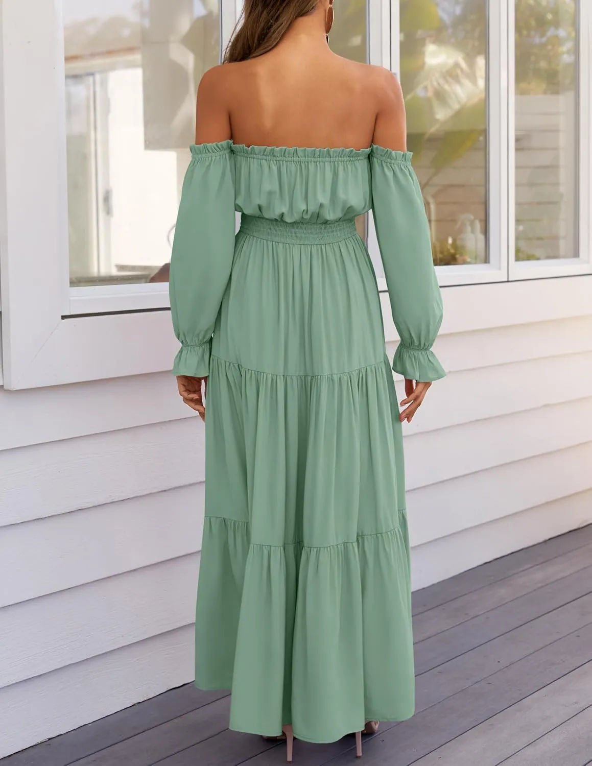 ZESICA Women's 2025 Boho Sexy Off Shoulder Long Sleeve Smocked High Waist Side Split Flowy A Line Tiered Long Maxi Dress
