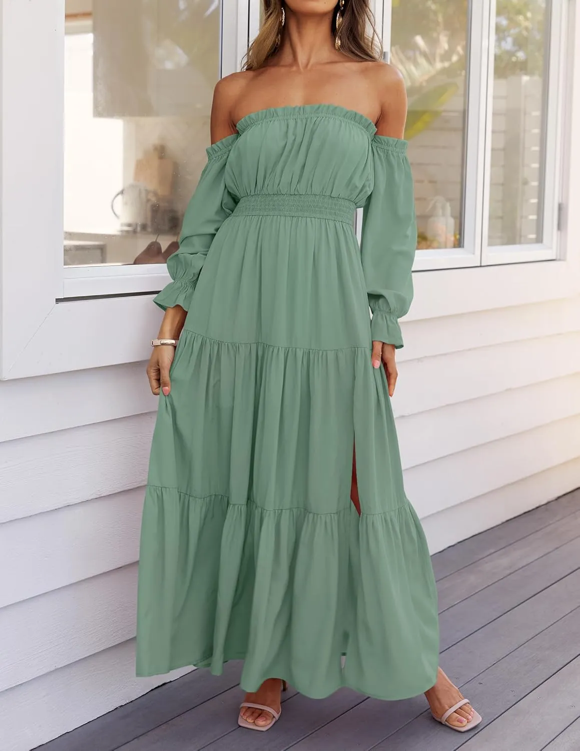 ZESICA Women's 2025 Boho Sexy Off Shoulder Long Sleeve Smocked High Waist Side Split Flowy A Line Tiered Long Maxi Dress